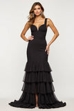 Black Sheath Tulle Tiered Sweetheart Long Prom Dress