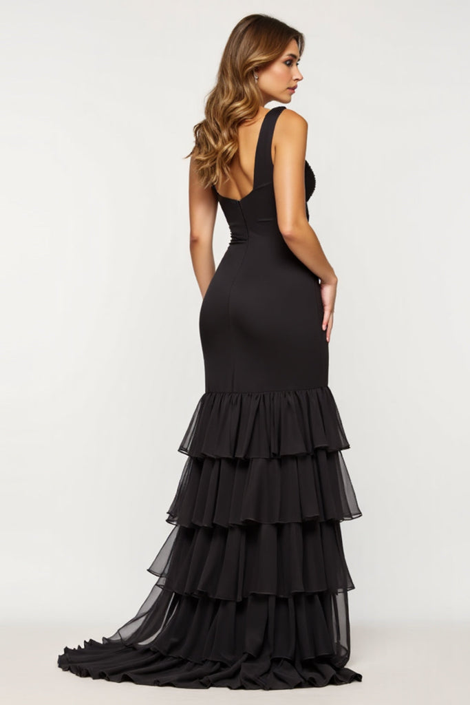 ZAPAKASA Women Black Sheath Tiered Prom Dress with V-Neck Backless ...