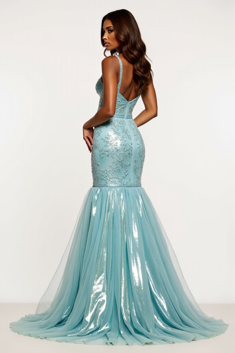 Light Blue Sparkly Mermaid V-Neck Long Prom Dress