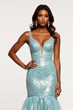 Light Blue Sparkly Mermaid V-Neck Long Prom Dress