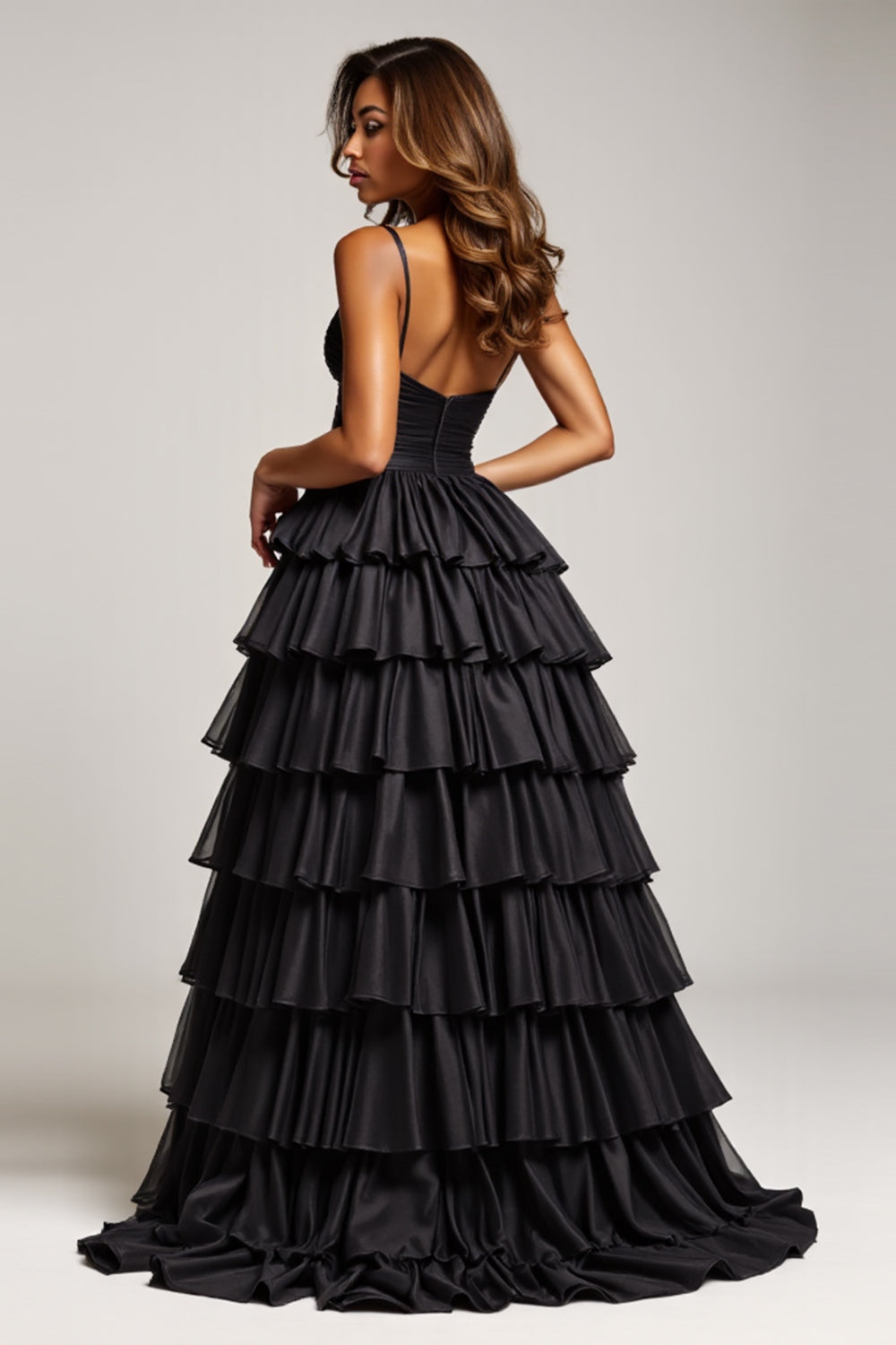 Black Long Tiered Ball Gown Prom Dress With Slit