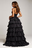 Black Long Tiered Ball Gown Prom Dress With Slit