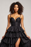 Black Long Tiered Ball Gown Prom Dress With Slit