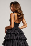 Black Long Tiered Ball Gown Prom Dress With Slit