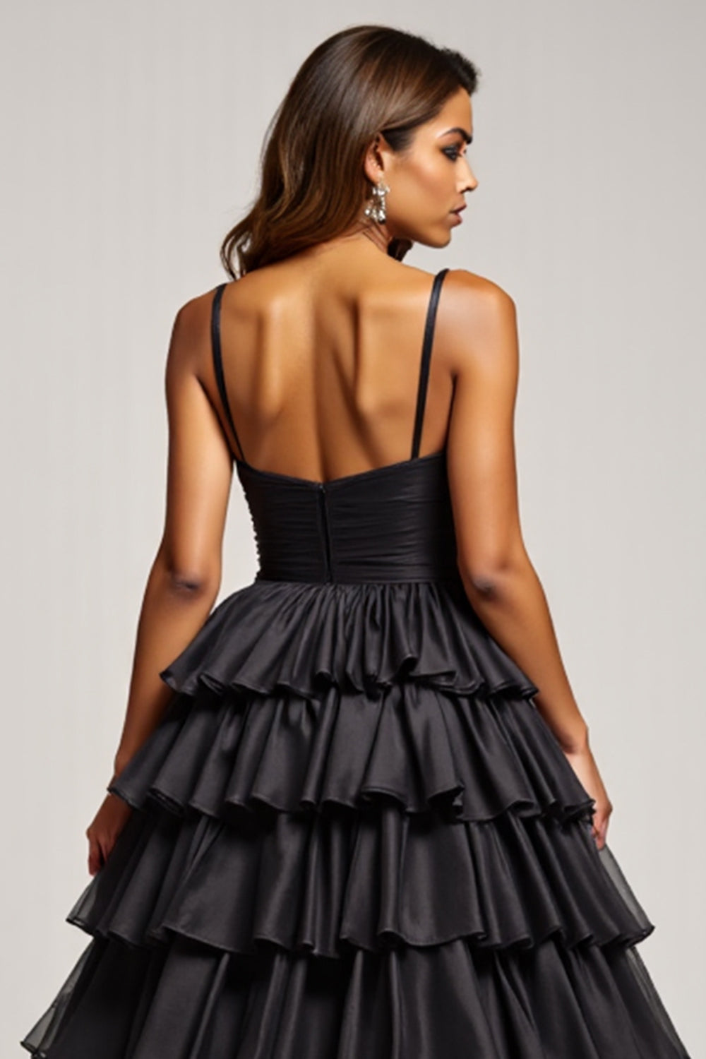 Black Long Tiered Ball Gown Prom Dress With Slit