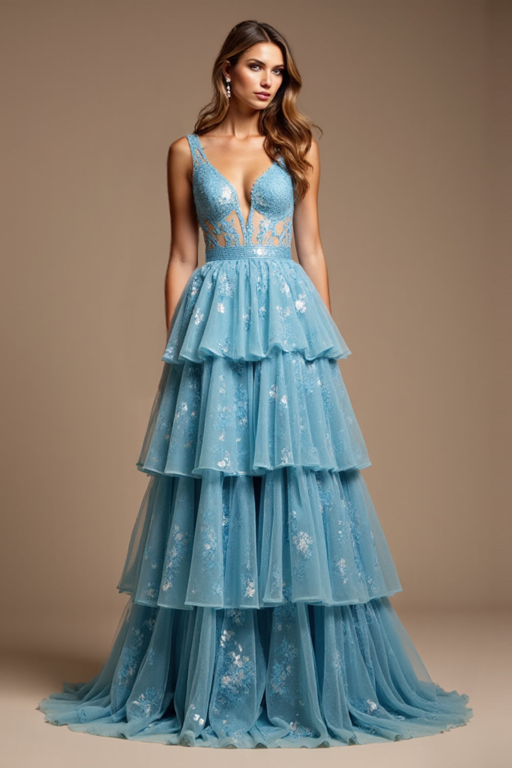 A Line V-NeckSparkly Blue  Long Prom Dress with Lace