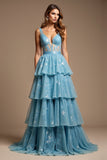 A Line V-NeckSparkly Blue  Long Prom Dress with Lace
