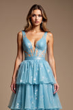 A Line V-NeckSparkly Blue  Long Prom Dress with Lace