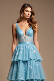 A Line V-NeckSparkly Blue  Long Prom Dress with Lace