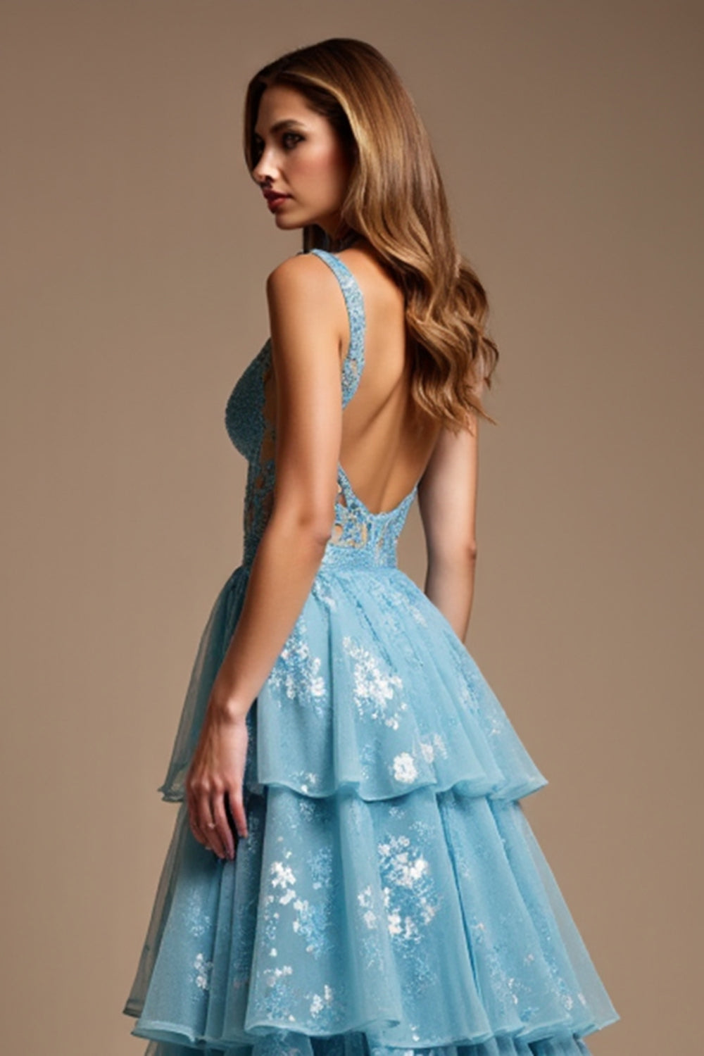 A Line V-NeckSparkly Blue  Long Prom Dress with Lace