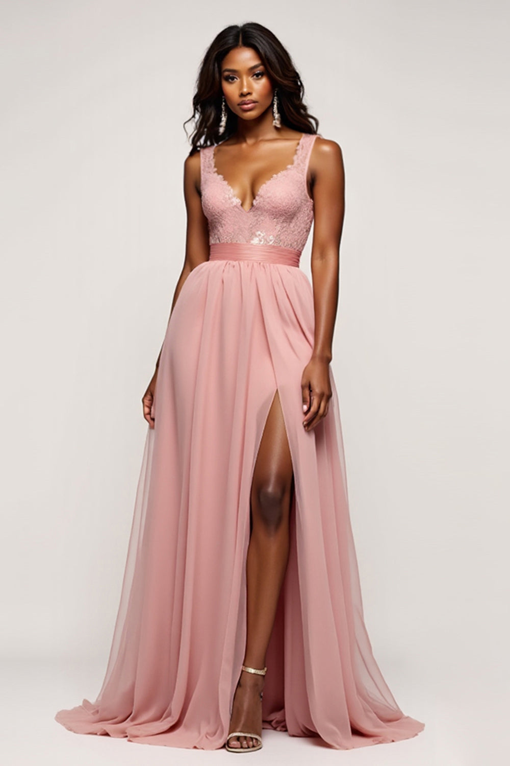 A Line V-Neck Dusty Rose Long Tulle Prom Dress with Slit