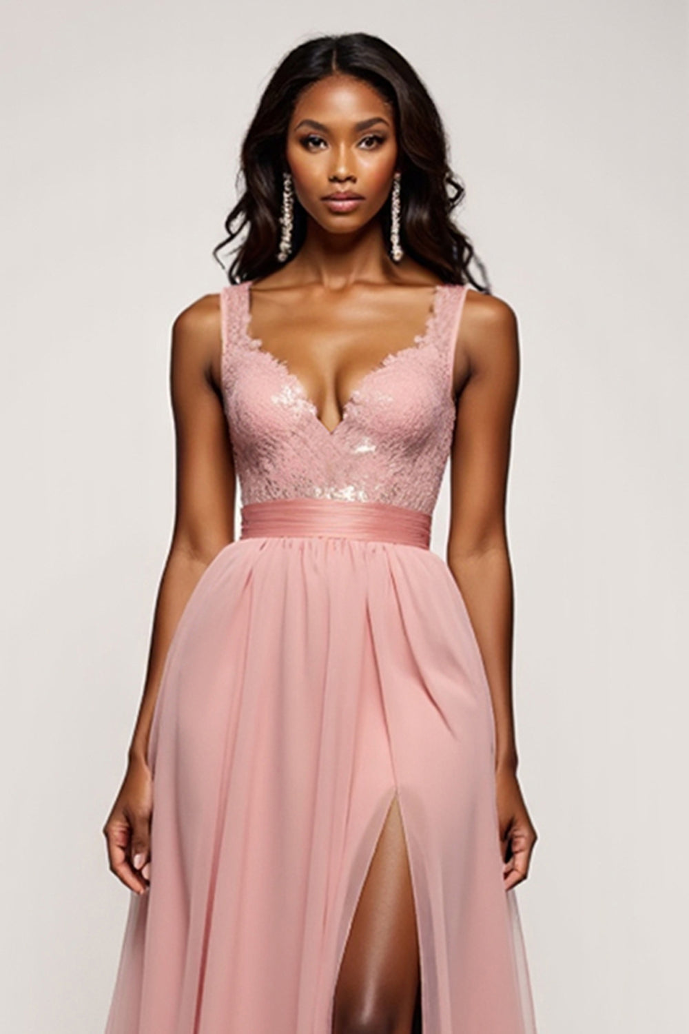 A Line V-Neck Dusty Rose Long Tulle Prom Dress with Slit