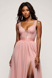 A Line V-Neck Dusty Rose Long Tulle Prom Dress with Slit
