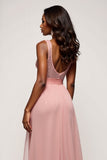 A Line V-Neck Dusty Rose Long Tulle Prom Dress with Slit