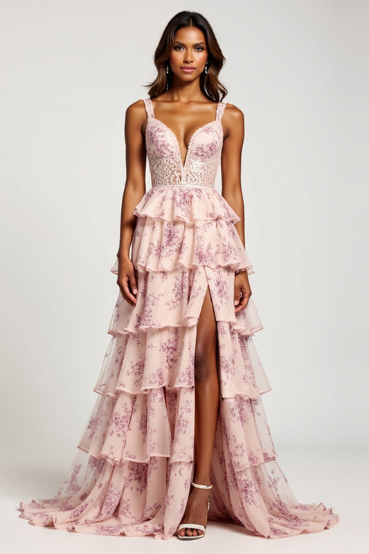 A Line Blush Flower Chiffon V-Neck Long Prom Dress with Slit