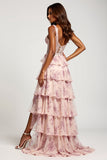 A Line Blush Flower Chiffon V-Neck Long Prom Dress with Slit