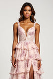 A Line Blush Flower Chiffon V-Neck Long Prom Dress with Slit