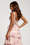 A Line Blush Flower Chiffon V-Neck Long Prom Dress with Slit