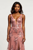 Tulle V-Neck Dusty Rose Sheath Long Prom Dress with Slit