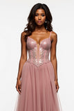 Dusty Rose Corset Tulle Prom Dress with Slit
