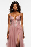 Dusty Rose Corset Tulle Prom Dress with Slit
