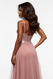 Dusty Rose Corset Tulle Prom Dress with Slit