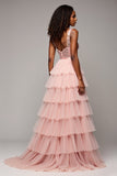 A Line Tulle Blush Pink Tiered V-Neck Prom Dress with Slit