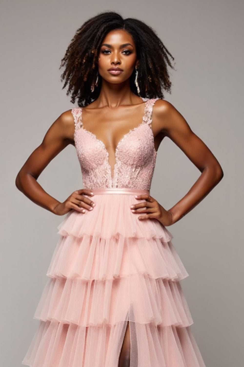 A Line Tulle Blush Pink Tiered V-Neck Prom Dress with Slit