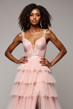 A Line Tulle Blush Pink Tiered V-Neck Prom Dress with Slit