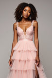 A Line Tulle Blush Pink Tiered V-Neck Prom Dress with Slit