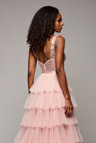 A Line Tulle Blush Pink Tiered V-Neck Prom Dress with Slit
