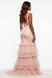 Mermaid Long Blush Pink Tulle Prom Dress with Slit