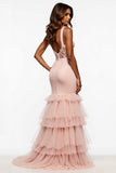 Mermaid Long Blush Pink Tulle Prom Dress with Slit