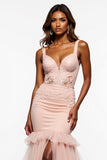 Mermaid Long Blush Pink Tulle Prom Dress with Slit