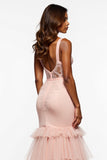 Mermaid Long Blush Pink Tulle Prom Dress with Slit