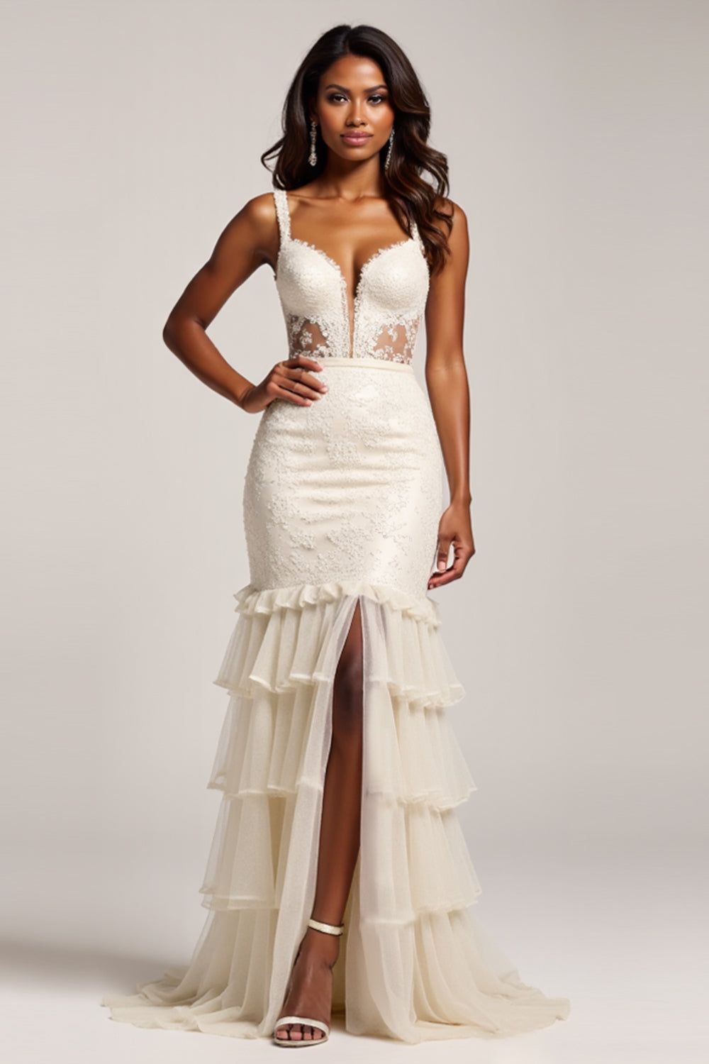Mermaid V-Neck Light Champagne Long Prom Dress with Slit