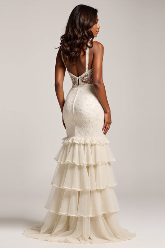 Mermaid V-Neck Light Champagne Long Prom Dress with Slit
