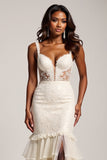 Mermaid V-Neck Light Champagne Long Prom Dress with Slit