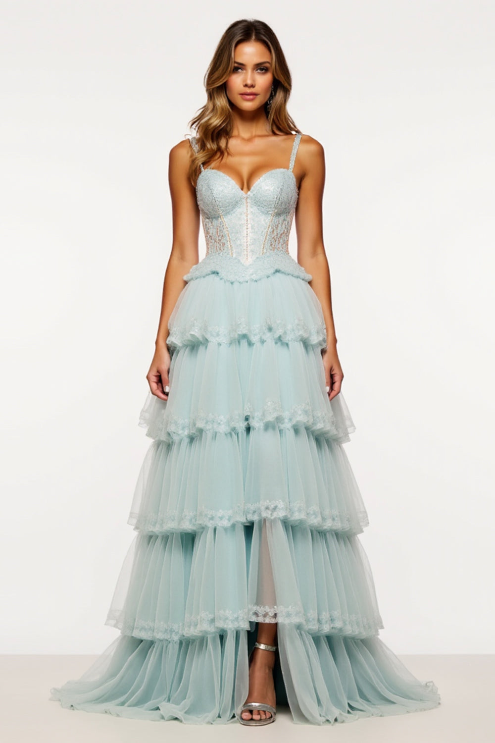 Tiered Tulle Light Blue Long Corset Prom Dress with Slit