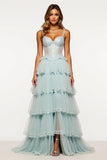 Tiered Tulle Light Blue Long Corset Prom Dress with Slit