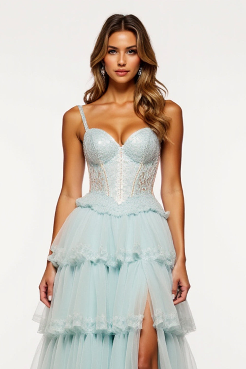 Tiered Tulle Light Blue Long Corset Prom Dress with Slit