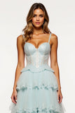 Tiered Tulle Light Blue Long Corset Prom Dress with Slit