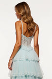 Tiered Tulle Light Blue Long Corset Prom Dress with Slit