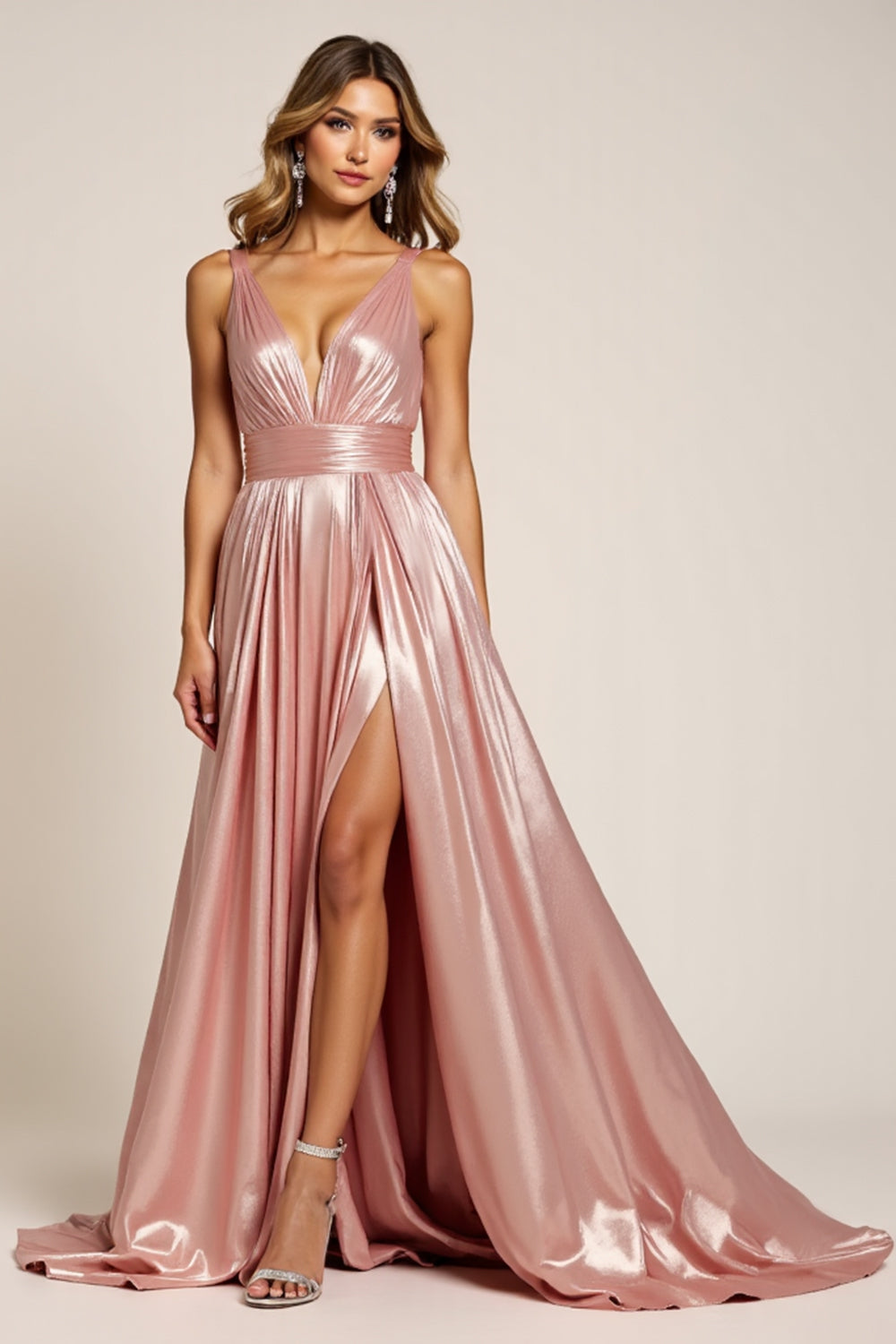 Dusty Rose Sparkly Deep V-Neck Long Satin Prom Dress with Slit