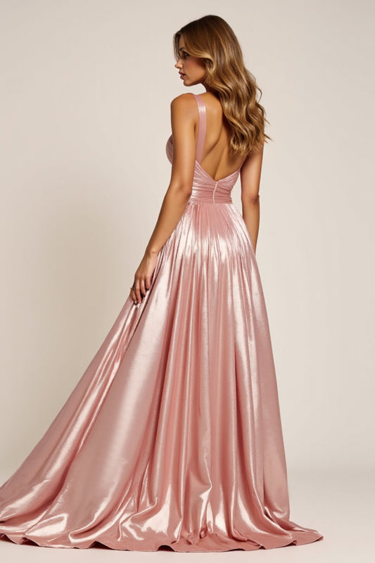 Dusty Rose Sparkly Deep V-Neck Long Satin Prom Dress with Slit