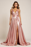 Dusty Rose Sparkly Deep V-Neck Long Satin Prom Dress with Slit