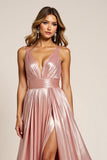 Dusty Rose Sparkly Deep V-Neck Long Satin Prom Dress with Slit
