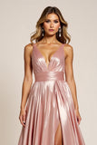 Dusty Rose Sparkly Deep V-Neck Long Satin Prom Dress with Slit