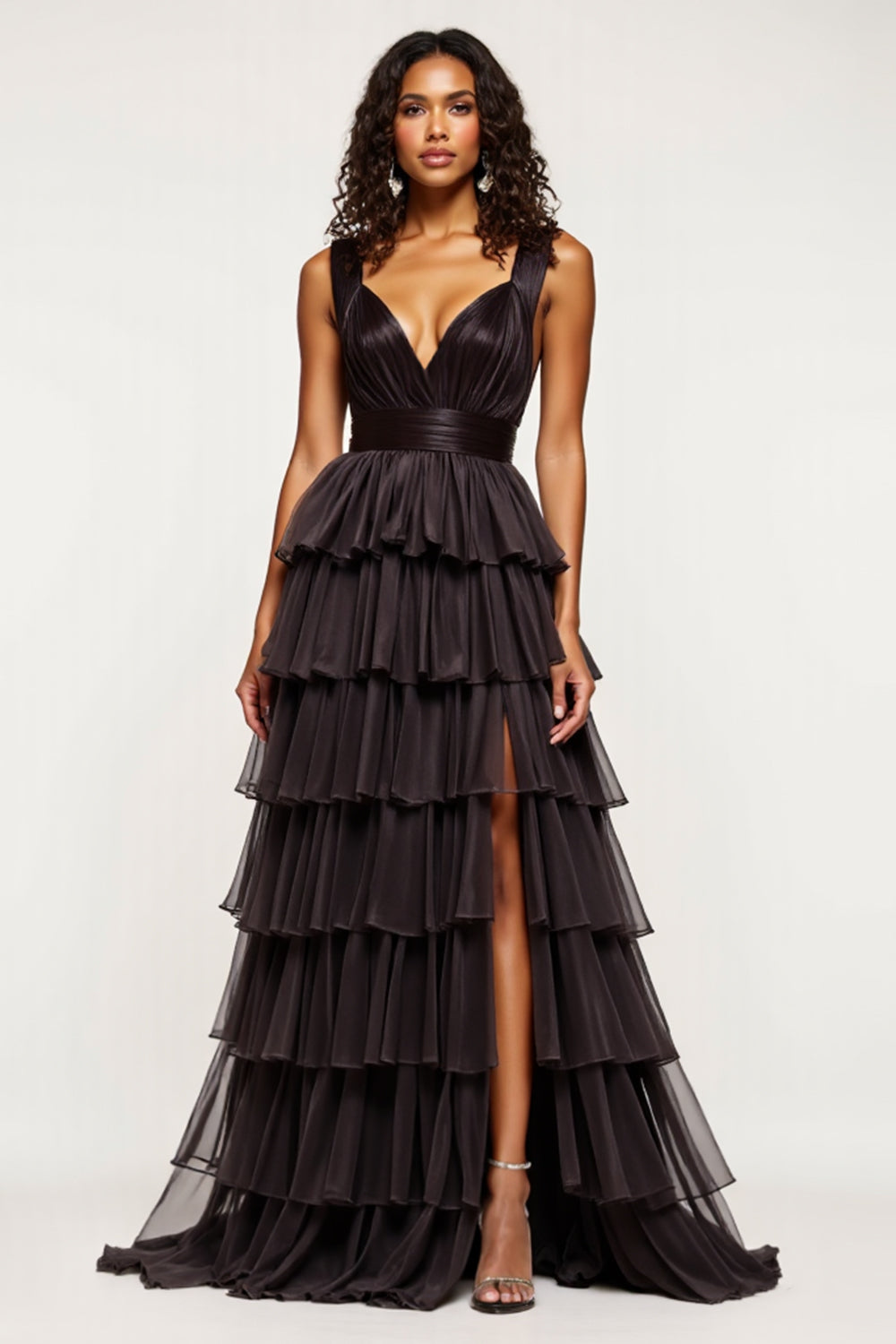Tiered Long Black A Line Tulle Prom Dress with Slit
