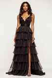 Tiered Long Black A Line Tulle Prom Dress with Slit